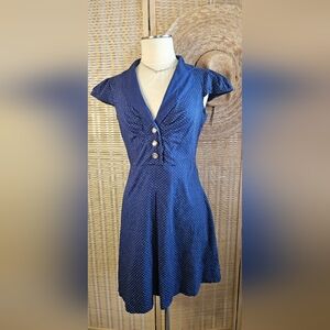 Blue with White Swiss Dot Pleated Stretch Cotton Collared Mini Dress By Ruby Rox